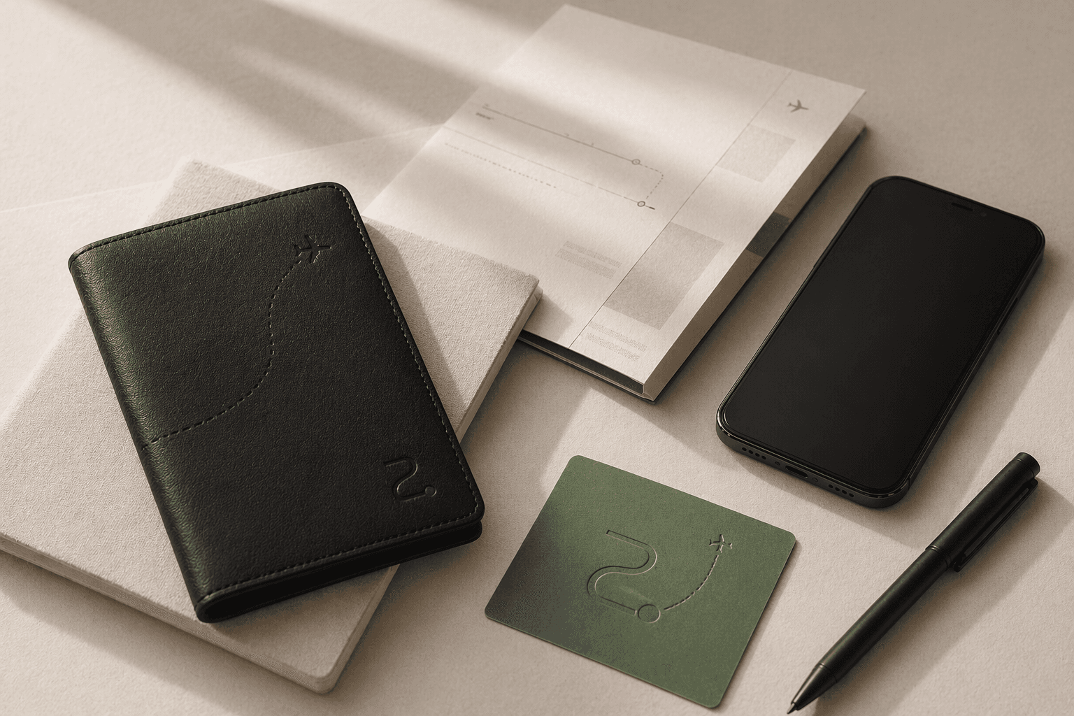 A TripZ document kit with a passport wallet, itinerary paper, phone, route card, and pen in premium daylight.