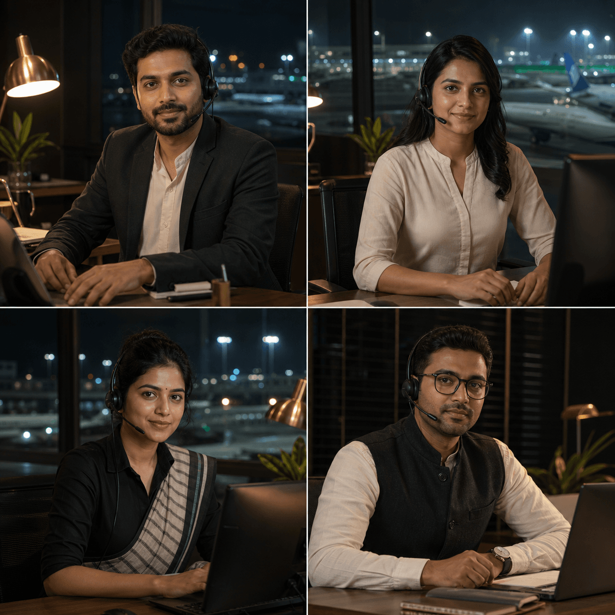 Four Indian TripZ travel experts on headsets in warm premium operations rooms.