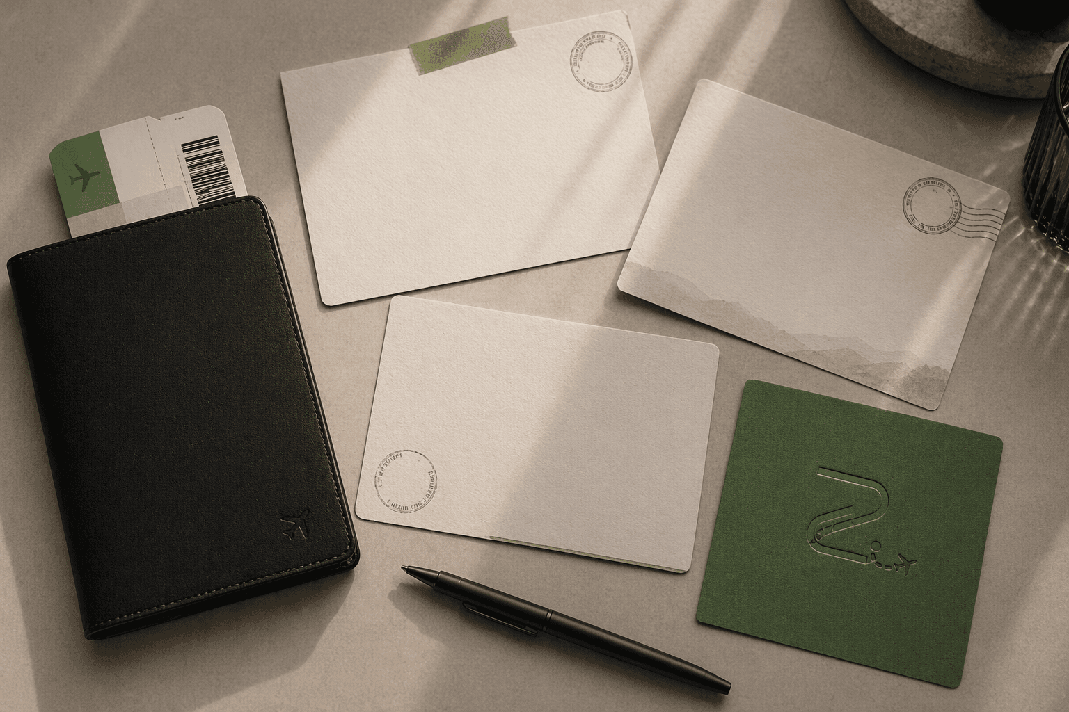 A set of TripZ travel postcards and papers arranged as a premium travel stationery system.
