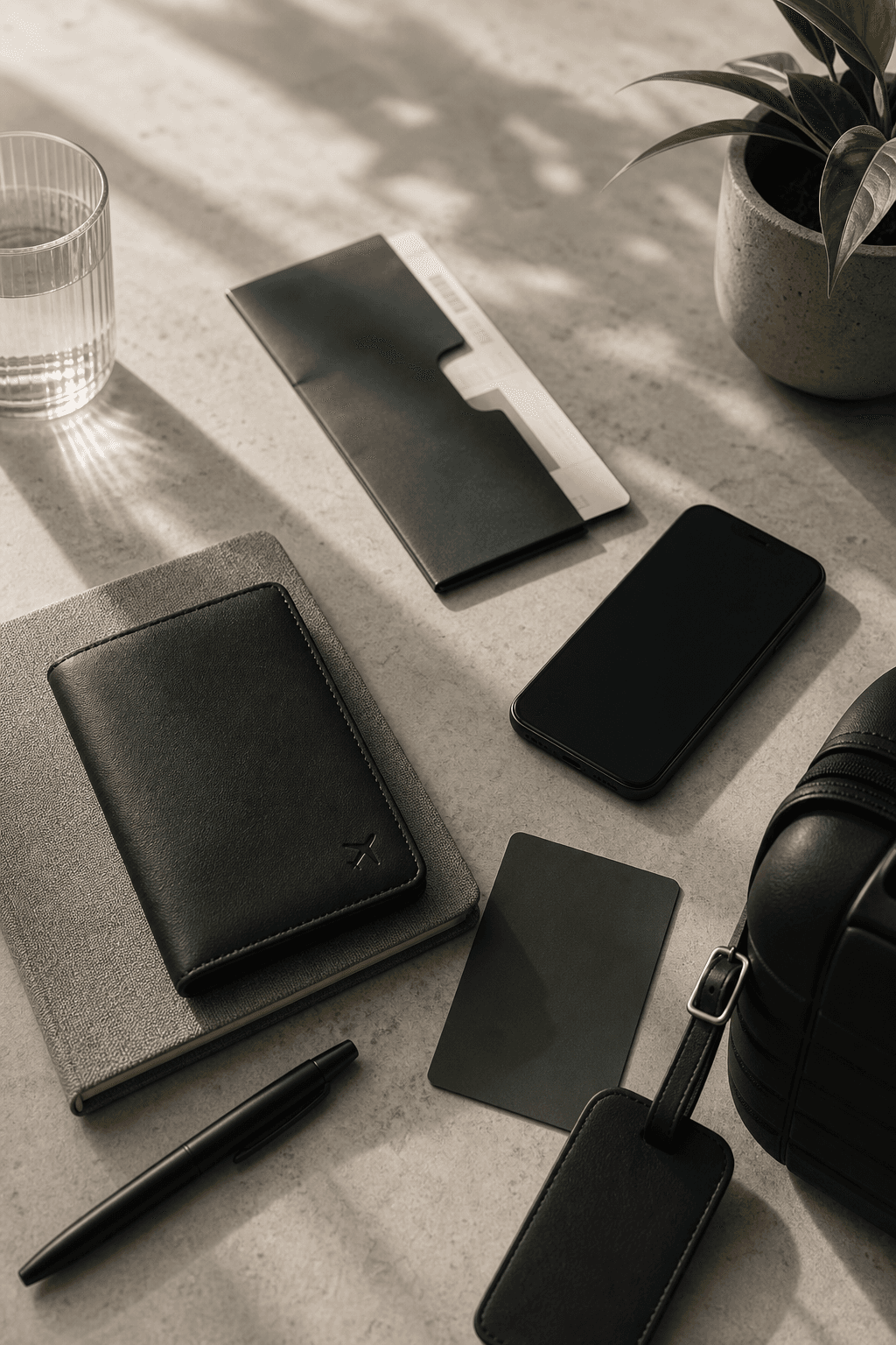 A premium TripZ travel support kit arranged on a warm desk with a passport wallet, phone, route folder, pen, luggage tag, and plant.